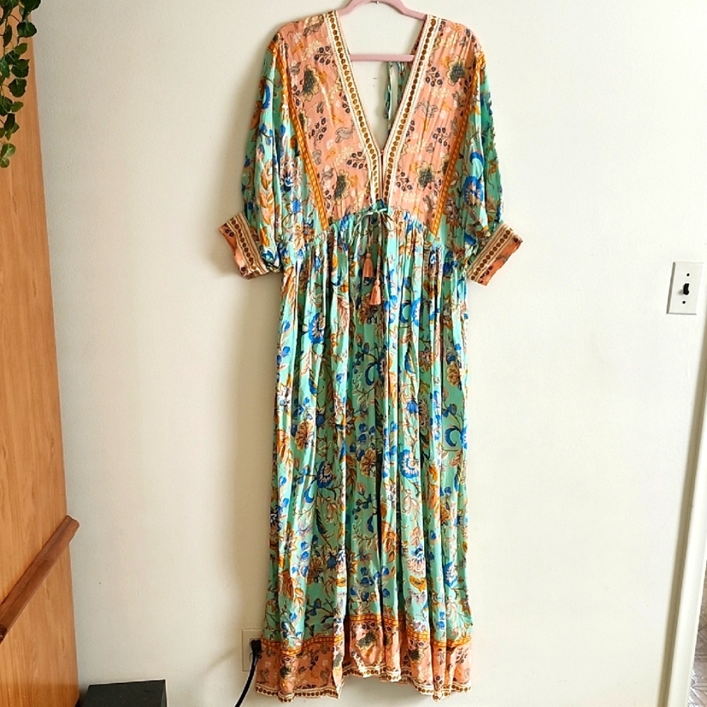 Floral Multicolor Maxi Dress Modesty Tie Balloon Sleeve 3/4  Front Slit Boho